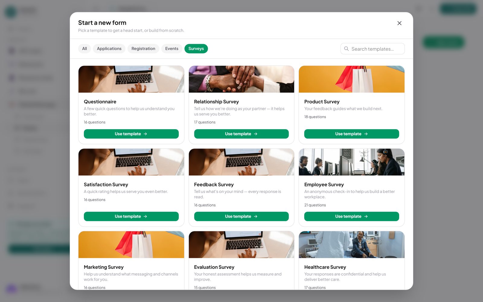 The Drentio Forms template gallery, Surveys tab, showing Satisfaction Survey, Feedback Survey, Product Survey and Employee Survey templates