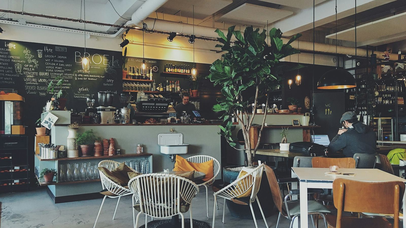 Cozy independent café interior with a chalkboard menu and hanging plants
