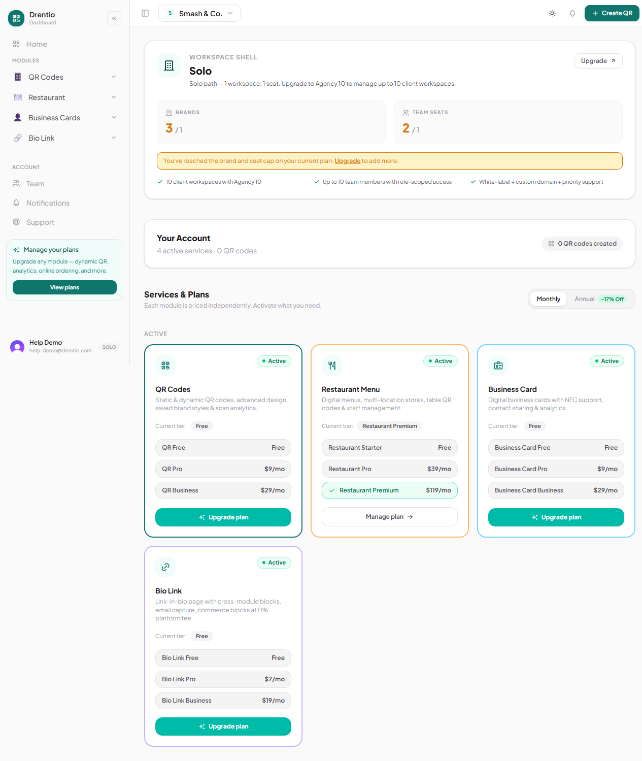 Each module card has its own Manage button — cancel from there.