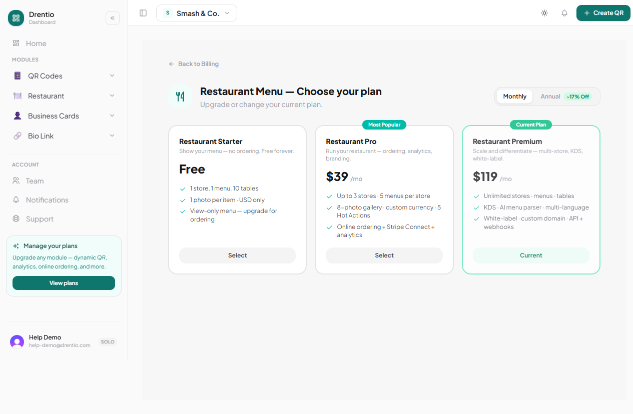 The Restaurant module has a separate tier structure ($0 / $39 / $119).