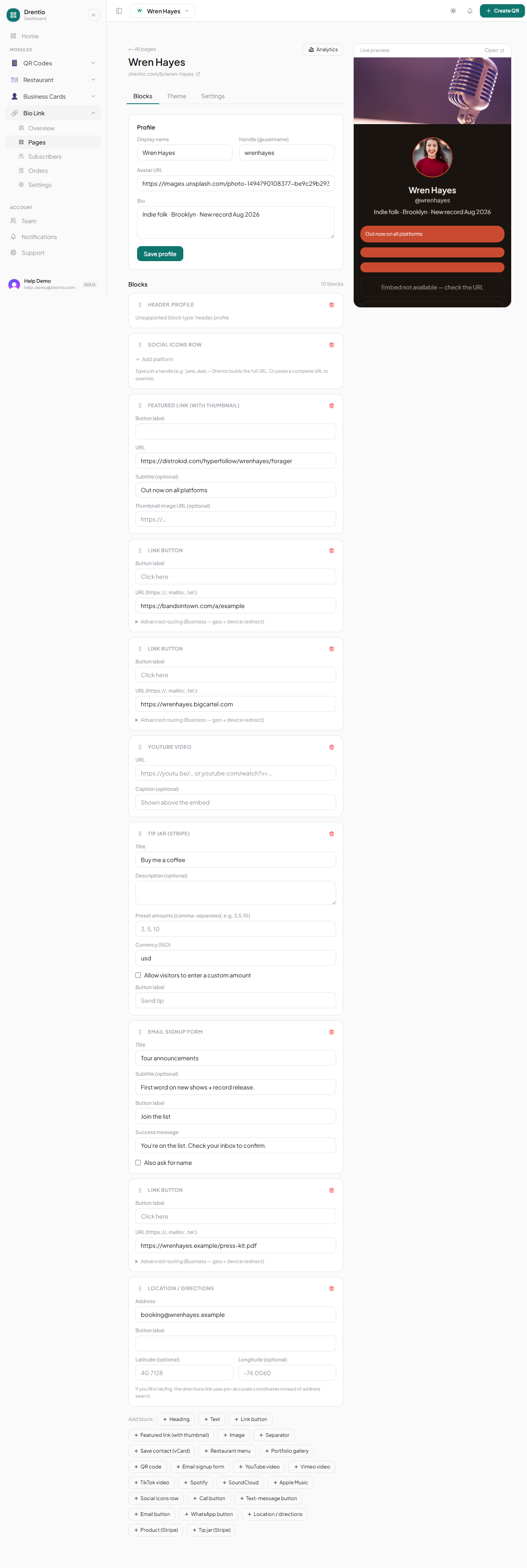The page editor — Blocks / Theme / Settings tabs at the top. The Theme tab is where colors + buttons + fonts live.