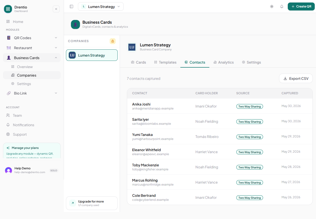 The Contacts tab — every lead captured, with the card it came from, source, and timestamp.