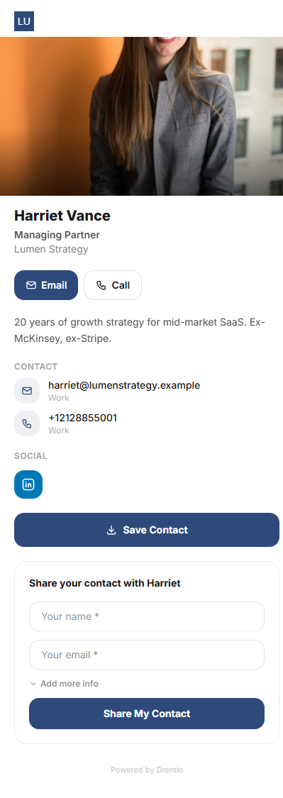 Recipients tap Save Contact → vCard downloads → opens their address book pre-filled. Works on iOS and Android.