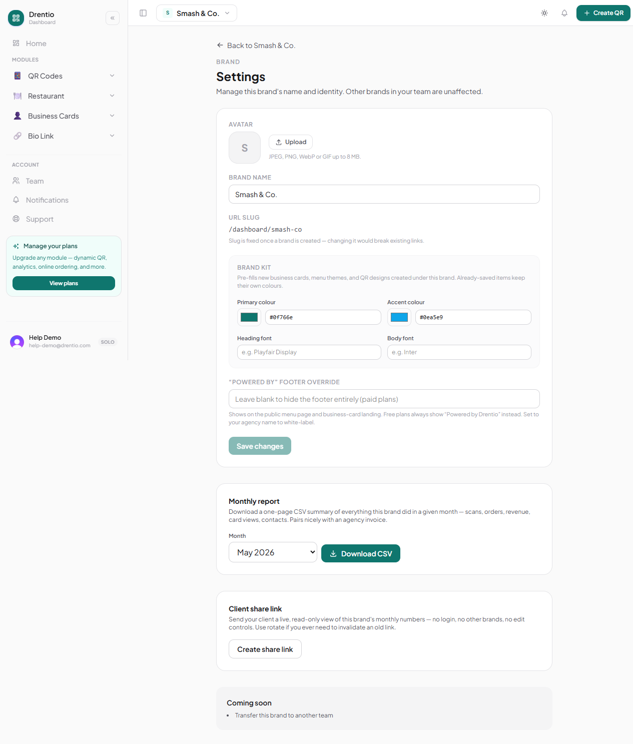 Brand settings: name, slug, brand kit (colors + fonts), monthly report download, client share link.
