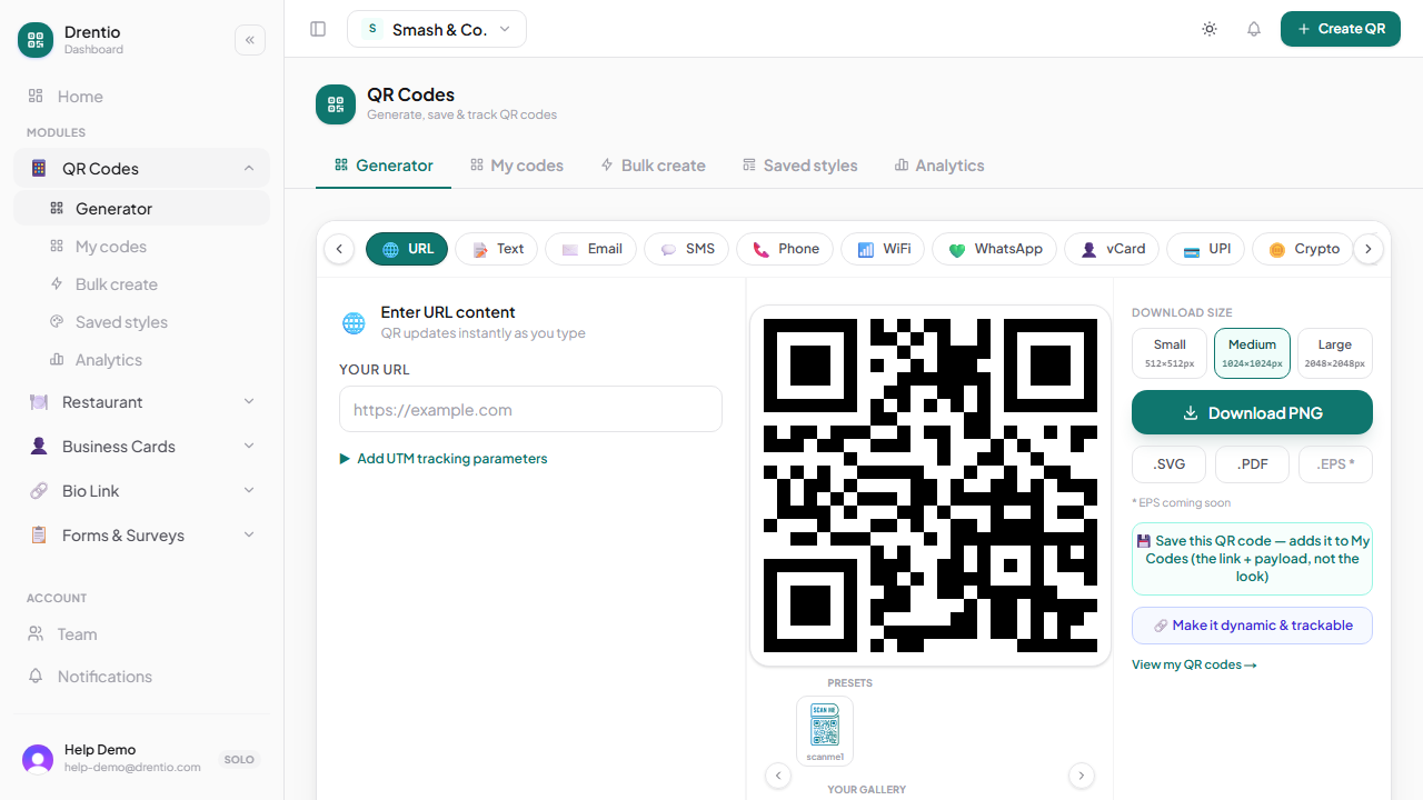 The QR module's dashboard — a generator, your saved codes, bulk-create, saved styles, and analytics tabs at the top.