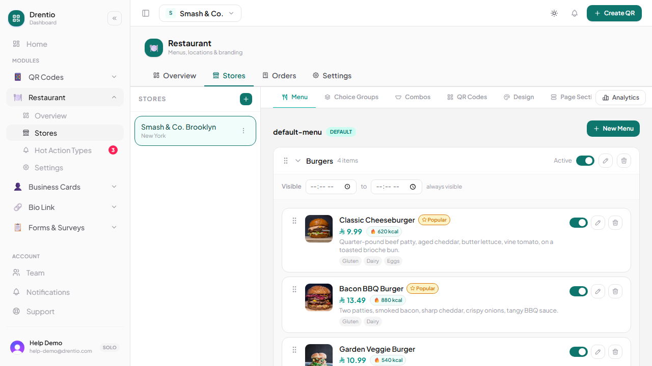 The Stores tab — drill into a store, land on its Menu tab by default. Categories + items down the right side.