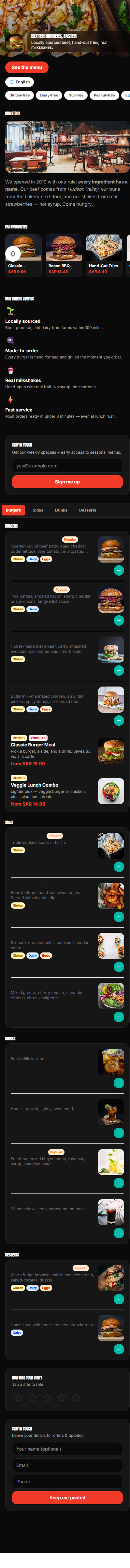 The public menu with Hero + Why Choose Us + About sections layered on top of the menu list.